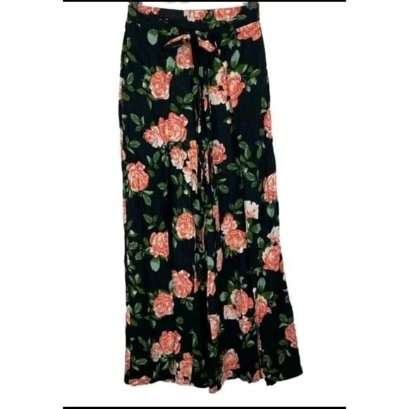 New Look Front Tie Pants Womens Sz Small Black Floral Open Wide Leg Lightweight - Picture 5 of 5